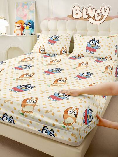 Bluey 1件蓝色卡通印花床笠，卡通床上用品，床垫保护套，柔软家纺，亲肤透气，抗起球，家居装饰，适用于所有尺寸 - 单人、双人、大号、特大号，四季皆宜，可机洗，防尘防滑，不含枕头和枕套，春夏新品，卧室/宿舍装饰，节日礼物