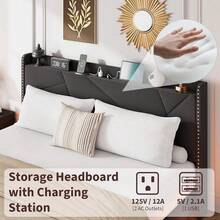 Cama flotante con bordes tufted y marco de hierro ultra resistente incluye soportes de pared para instalación segura sin necesidad de muelle de caja - Negro-tamaño completo - Ver 5