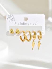 6pcs Set Minimalist French Luxury Lightning Pendant Stainless Steel Earrings, Versatile Daily Wear For Women - Multicolor - View 5