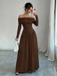 Solid Color Off-Shoulder Ruffle Asymmetric Waist Long Sleeve Elegant Maxi Dress For Women, Suitable For Party, Date, Back To School, Autumn/Winter Spring - Chocolate Brown - View 4