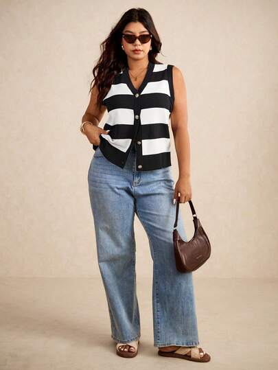 Amore Gilet tricoté à rayures noires et blanches col V pour femmes grandes tailles, sans manches, coupe ample, contraste de couleurs. Convient pour les tenues décontracté, de rendez-vous, de travail et de vacances