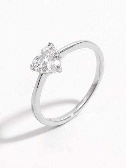 1 pieza Anillo de plata de ley 925 elegante, de moda clásico, brillante y minimalista con piedra de circonita en forma de corazón, decoración de joyería para fiestas, reuniones y uso diario