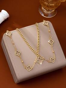 1pc Fashionable Hollow Four-Leaf Clover Rhinestone Pendant Necklace Chain, Suitable For Women's Daily, Vacation, Party, Music Festival Outfits, Waist Chain - Yellow Gold - View 2