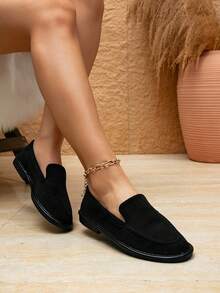 女士圆头绒面革一脚蹬乐福鞋，休闲平底鞋，黑色绒面革乐福鞋，TPR鞋底，办公通勤鞋 - 黑色 - 查看 7