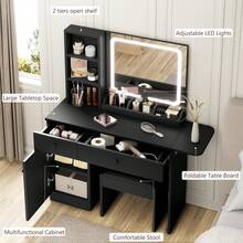Maquillaje escritorio de vanidad con espejo y luces, mesa de vanidad con cajón y toma de corriente y silla de almacenamiento y 3 estantes, dormitorio - Negro - Ver 6