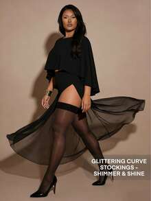 1双加大码女士珠光过膝袜，带滚边 - 黑色 - 查看 4