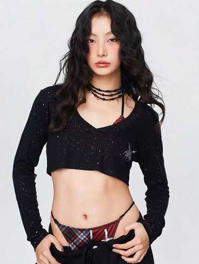 Deep V-Neck Sparkly Short Dance Top, Black, Long Sleeve, Sexy Streetwear