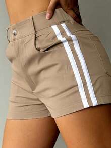 Women's Straight Woven Fabric Short Cargo Shorts, With White Stripe Trim On Sides Summer - Khaki - View 3