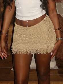 Women's Elastic Waist Frayed Hem Knit Mini Skirt - Champagne - View 1