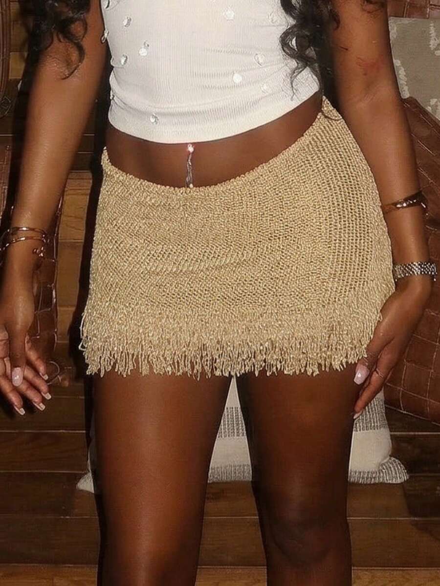Women's Elastic Waist Frayed Hem Knit Mini Skirt - Champagne - View 1