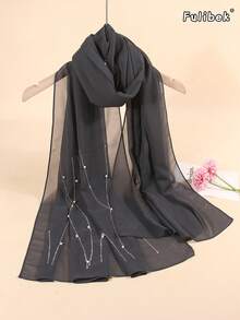 Novo Elegante Lenço Feminino Hijab com Pérolas e Laço de Strass de Chiffon, Xale Leve e Respirável para Todas as Estações, para Festas, Jantares e Ocasiões à Noite - Cinza - Visão 5