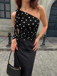 Elegant Sexy Polka Dot Cold-Shoulder Tube Top, Suitable For Street, Daily Wear, Music Festivals, Dates Vacation Black Summer - Black - View 2
