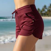 Acqua Bronze Set Of 2 Women's Adjustable Drawstring Shorts With Pockets, Versatile, Sporty, Double Waistband, Simple, Casual - 黑色/瑪薩拉紅 - 查看 6