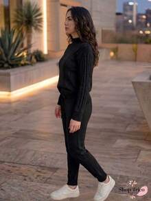 Women's Knit Set: Long-Sleeved Blouse And Pants With Tie Detail - Winter Fashion - 沙 - 查看 3