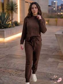 Women's Knit Set: Long-Sleeved Blouse And Pants With Tie Detail - Winter Fashion - 沙 - 查看 6