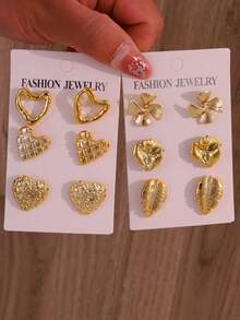 Set de 6-12 piezas de aretes de corazón dorados, aretes de hoja vintage, set de aretes de diseño exclusivo versátil, adecuado para uso diario de mujeres - Dorado - Ver 1