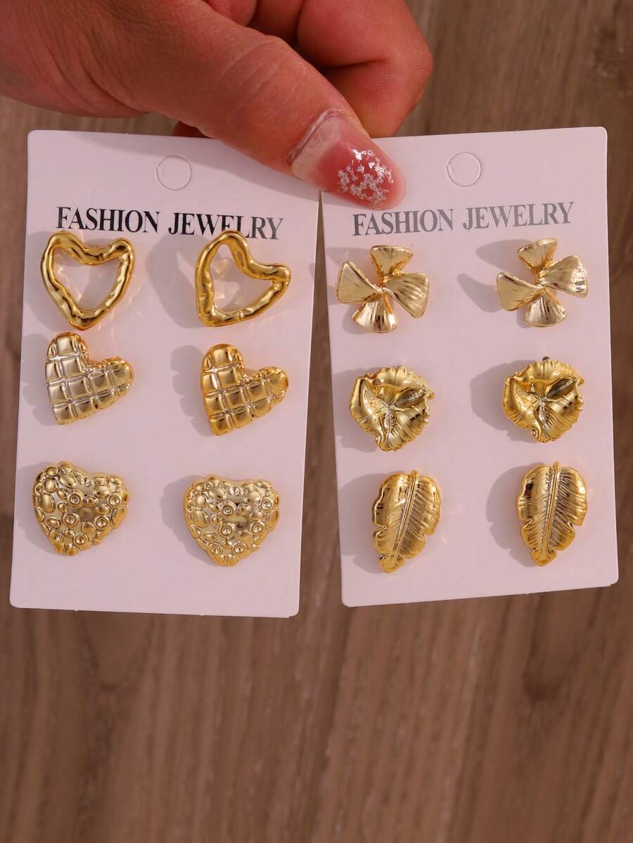 Set de 6-12 piezas de aretes de corazón dorados, aretes de hoja vintage, set de aretes de diseño exclusivo versátil, adecuado para uso diario de mujeres - Dorado - Ver 1