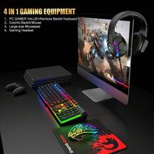 MAMBASNAKE 有线游戏键盘鼠标耳机套装，彩虹 LED 背光有线键盘，带麦克风的头戴式耳机，彩虹背光游戏鼠标，鼠标垫 - 查看 3