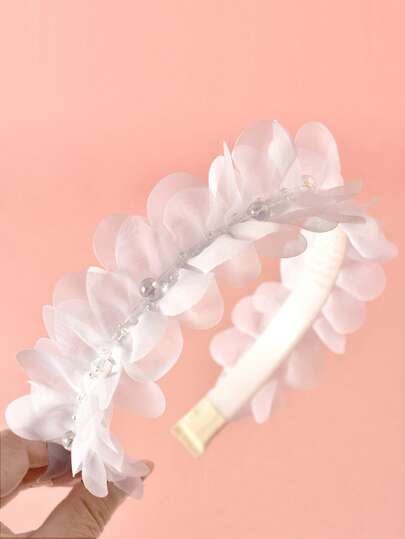 1个女童防滑白色泡泡薄纱珍珠发箍，甜美可爱简约发饰