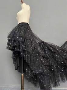 1件装女士不对称网纱黑色半身裙，前短后长，新款蕾丝薄纱高腰百搭T台款，复活节 - 彩色 - 查看 1