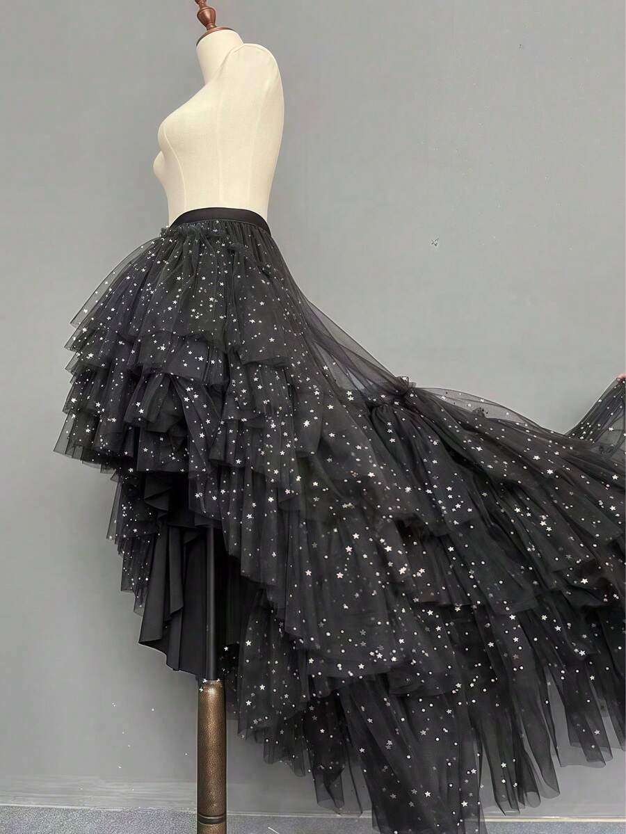 1件装女士不对称网纱黑色半身裙，前短后长，新款蕾丝薄纱高腰百搭T台款，复活节 - 彩色 - 查看 1