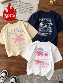 Bộ 3 áo thun ngắn tay cổ tròn in chữ, cây dừa và phong cảnh biển, kiểu dáng đơn giản, nhiều màu sắc, thời trang và đa năng, phù hợp cho nữ mặc thường ngày trong kỳ nghỉ xuân. - Nhiều màu - Xem 8