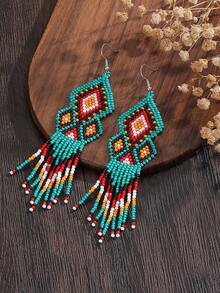 SOUL BEADING 1对女士时尚垂坠耳环，波西米亚风串珠耳环，度假风，孔雀绿，几何菱形图案，流苏吊坠，手工制作，适合女士日常度假佩戴，百搭礼物 - 綠色 - 查看 3