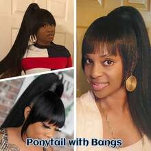 Synthetic Hair Ponytail With Bangs - Long Straight Hair Ponytail Extension For Daily Wear And Party - Multicolor - View 9