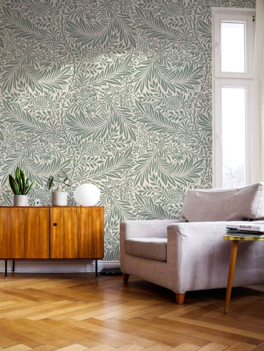 William Morris Style Removable Wallpaper, Self-Adhesive Peel And Stick Wallpaper, Green Feather Grass - C - View 1