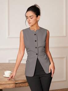 Áo vest không tay ôm sát, thanh lịch, quyến rũ, phong cách cổ điển dành cho nữ, áo croptop công sở thường ngày, thích hợp cho mùa xuân/hè. - Xám - Xem 8