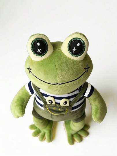 1 pieza Muñeco de peluche de rana verde de 30cm/11.81in, diseño lindo de peto y camiseta a rayas, ojos grandes de estrella, muñeco de peluche suave, ideal para cumpleaños de niños, regalo festivo y decoración del hogar