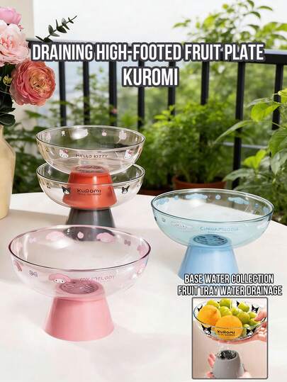 Sanrio Draining High-Footed Fruit Plate, Kuromi, Hello Kitty, My Melody, Cinnamoroll, Built-In Water Collection Base, Efficient Drainage Design, Clear Shatter-Resistant Body, Non-Slip Stable Base, Multi-Purpose For Fruits, Snacks, Desserts, Kitchen Countertop Organizer, Ideal For Home, Office, Parties, Perfect Gift For Sanrio Fans, Kawaii Lovers