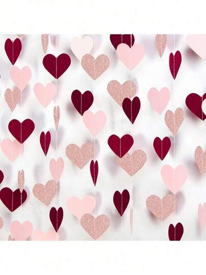 Rose Gold & Burgundy Heart-Shaped Paper Garland Ribbon Wreath, Hanging Banner Flag For Valentine's Day, Engagement, Wedding, Anniversary, Birthday, Mother's Day, Bridal Shower, Party Decor