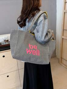 Bolsa de lona a rayas de doble cara, una bolsa de compras minimalista ligera y casual, adecuada para mujeres jóvenes, estudiantes universitarios, principiantes y trabajadores de oficina. Ideal para oficina, escuela, trabajo, negocios, transporte, actividades al aire libre, viajes y otros escenarios - Negro - Ver 3