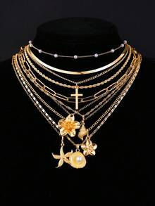 10件套时尚简约优雅仿珍珠花朵十字架海星贝壳金色项链套装，适合女性度假、派对、宴会、节日、生日、日常佩戴 - 金黃色 - 查看 2