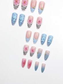 24片中长杏仁形3D立体花卉装饰蓝色扎染海星点缀夏季海滩度假美甲套装，包含1瓶甲油胶和1把指甲锉，适合女性和女孩日常佩戴、派对、假日等场合。 - 彩色 - 查看 7