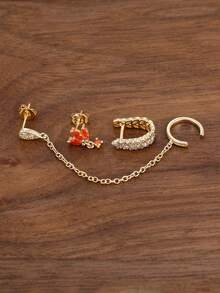 Bộ 3 khuyên tai hình hoa màu cam đính đá Zirconia kiểu cổ điển, khuyên tai kẹp tai có dây tua rua, trang sức mạ vàng 18K dành cho nữ, quà tặng đính hôn và sinh nhật. - Vàng-4# - Xem 3
