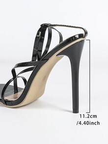 女士时尚高跟凉鞋，PU皮革绑带，T字带，人字拖，夜店风，搭扣，交叉绑带，派对，细绑带，裸色绑带，平绑带，踝带，经典方头凉鞋，夏季，户外，常规款，女士黑色凉鞋，高跟凉鞋，漆皮鞋跟，细跟 - 黑色 - 查看 7