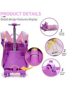 BLING BABIES 3pcs/Set Rolling Backpack, Cute Mermaid Sequin Design, Suitable For Elementary Students, With Lunch Box And Pencil Case - Pink - View 7