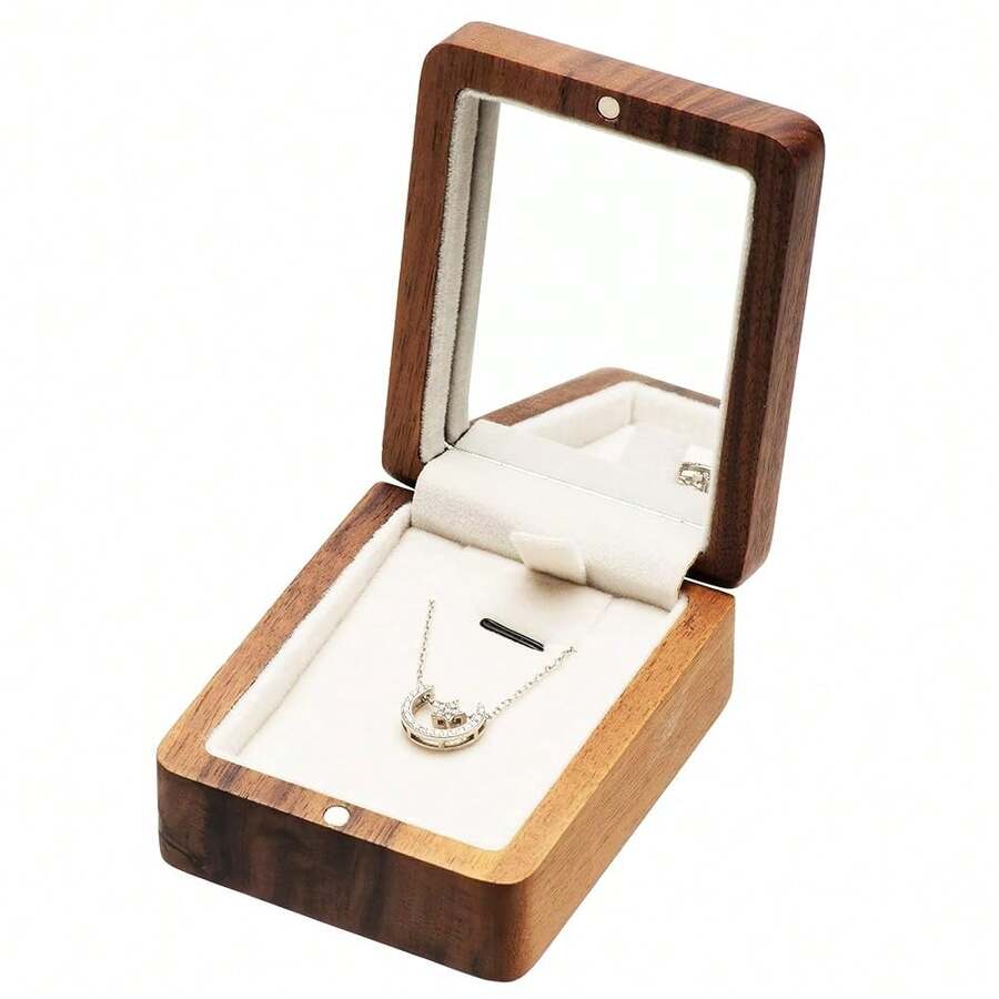 Natural Walnut Wood Necklace Box With Mirror Inside,Pendant Storage Case Jewelry Display Box For Anniversary Propose Christmas - 米色內襯 - 查看 1
