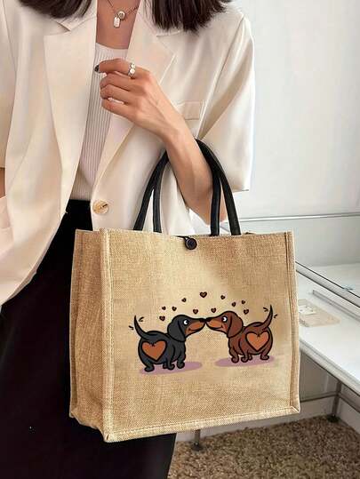 2pcs/Set Cute Dachshund Dog Print Jute Tote Bag With Wristlet Pouch, Bag For Women, Pet-Themed Burlap Design, Reusable Linen Shoulder Bag With Heart And Dachshund Pattern, Multifunctional Portable Handbag, Linen-Style Casual Shopping Tote