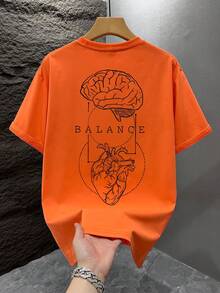 1 pieza Camiseta de manga corta holgada con estampado de moda para hombre | Diseño exquisito | Esencial de verano | Fácil de combinar, mostrando tu estilo - Naranja - Ver 2