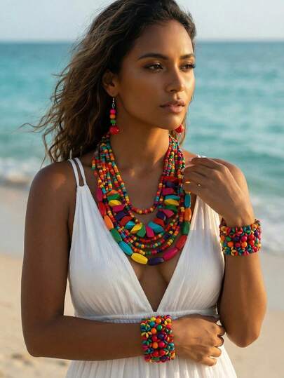 Bohemian Style Handmade Multi-Layer Beaded Wooden Jewelry Set, Elegant Boho Necklace And Earrings, Suitable For Beach, Party, Music Festival, Carnival - No Plating, All-Season