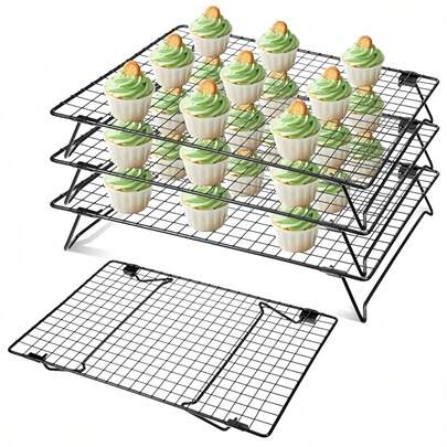 4 rejillas de enfriamiento, rejillas de enfriamiento plegables, rejillas de malla metálica para bandeja de hornear, ediciones limitadas populares, muy elogiadas y ampliamente recomendadas, rejillas de enfriamiento apilables para cocinar, secar y hornear, con diseño de cuatro funciones, adecuadas para acampar, barbacoa, cocinar, hornear, enfriar y hacer galletas y pasteles