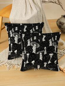 1个蘑菇图案的高端沙发枕套，适用于客厅和卧室，轻奢简约 - 黑色 - 查看 3