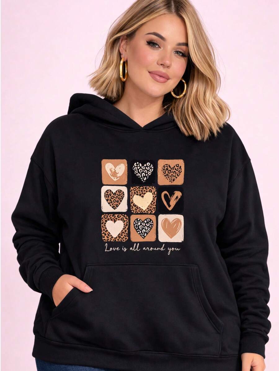 Women's Plus Size Printed Kangaroo Hoodie - 黑色 - 查看 1