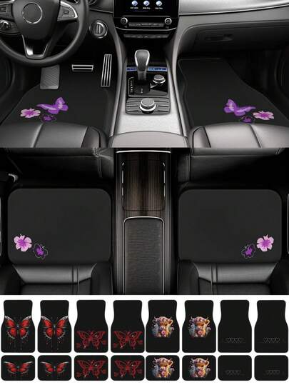 4件套蝴蝶图案汽车脚垫，聚酯纤维材质，可水洗，适用于所有季节和车型，男女通用礼品