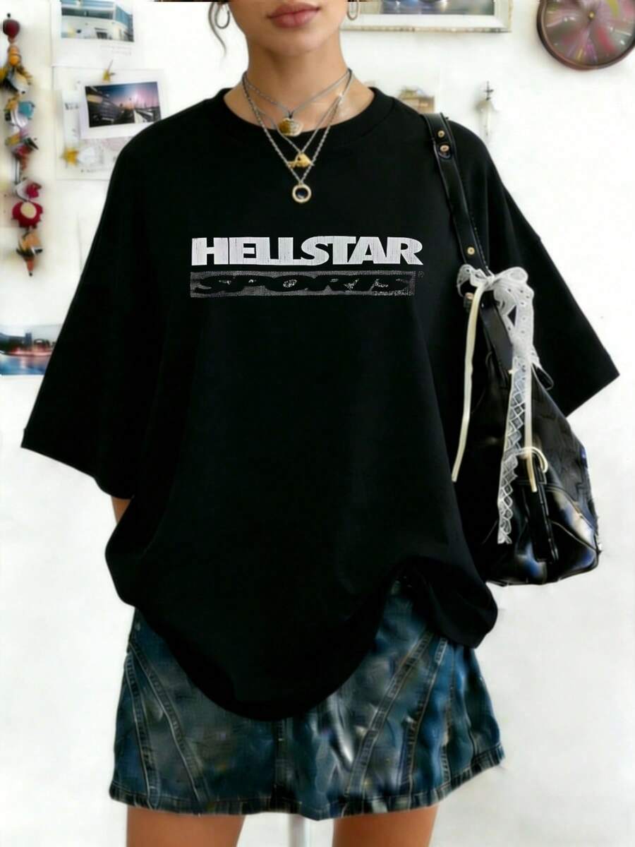 Hellstars Sport Logo Y2K Graphic T-Shirt,220g 100% Cotton,Round Neck Short Sleeve,Black Streetwear Essential For Summer Going Out,Unisex Style - Black - View 1