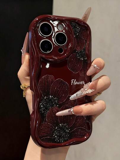 Floral Painted New Flat Printing Cream Texture Burgundy Soft Case Compatible With IP17/IP17PROMAX/Iphone16/Iphone16pro/Iphone16promax/Iphone15/XR/7p8p/P12promax/P13promax/P14PROMAX/P13/P14/P11/P12/P14 Cute Fashionable Thick Protective Phone Case For XS/S/XSMAX/78GES2