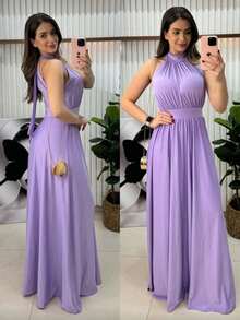 Women's Fluity Mesh Long Sleeveless Dress High Neck Solid Color Elegant Party Fashion - Màu đỏ tím - Xem 1